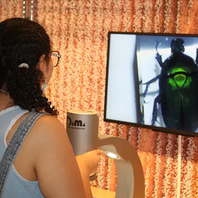 teen examining insects through a high-powered microscope